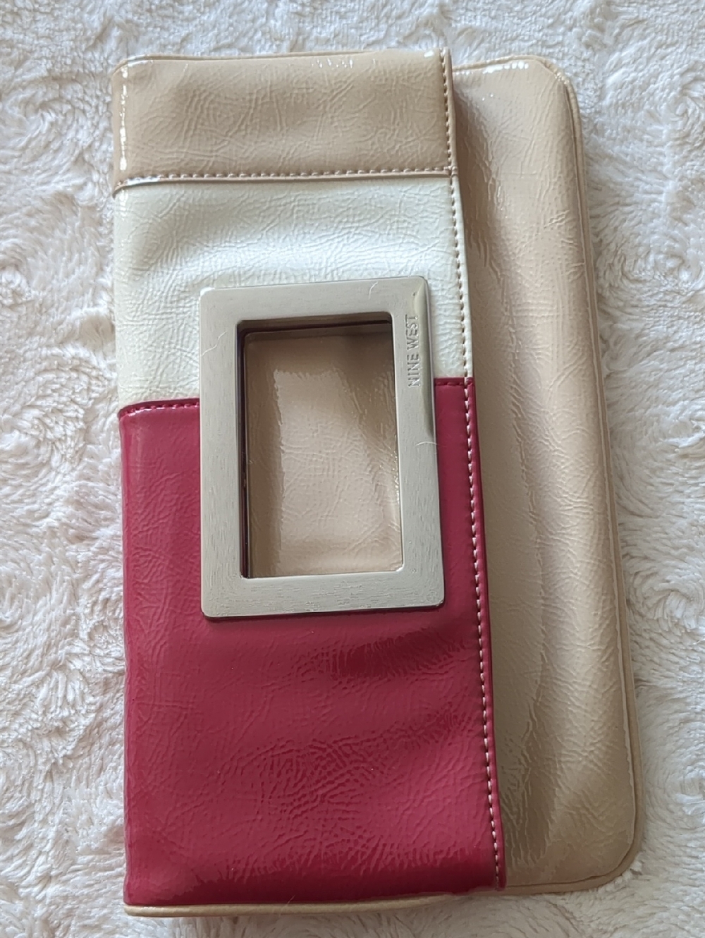 Nine West Beige and Pink Block Faux-Leather Clutch with Metal Handle
